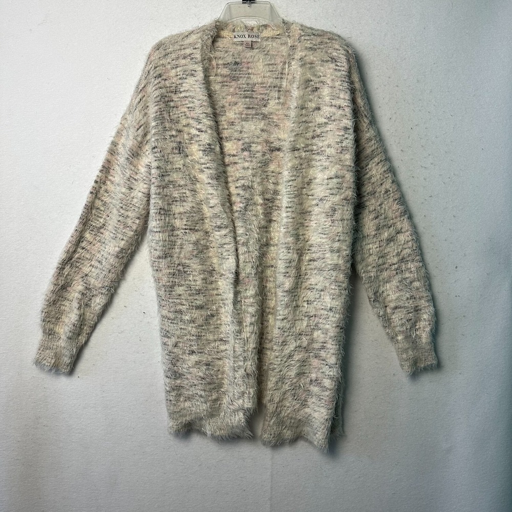 Knox Rose Womens XL Eyelash Knit Cardigan Cream‎ Pink Marled Open Front Sweater